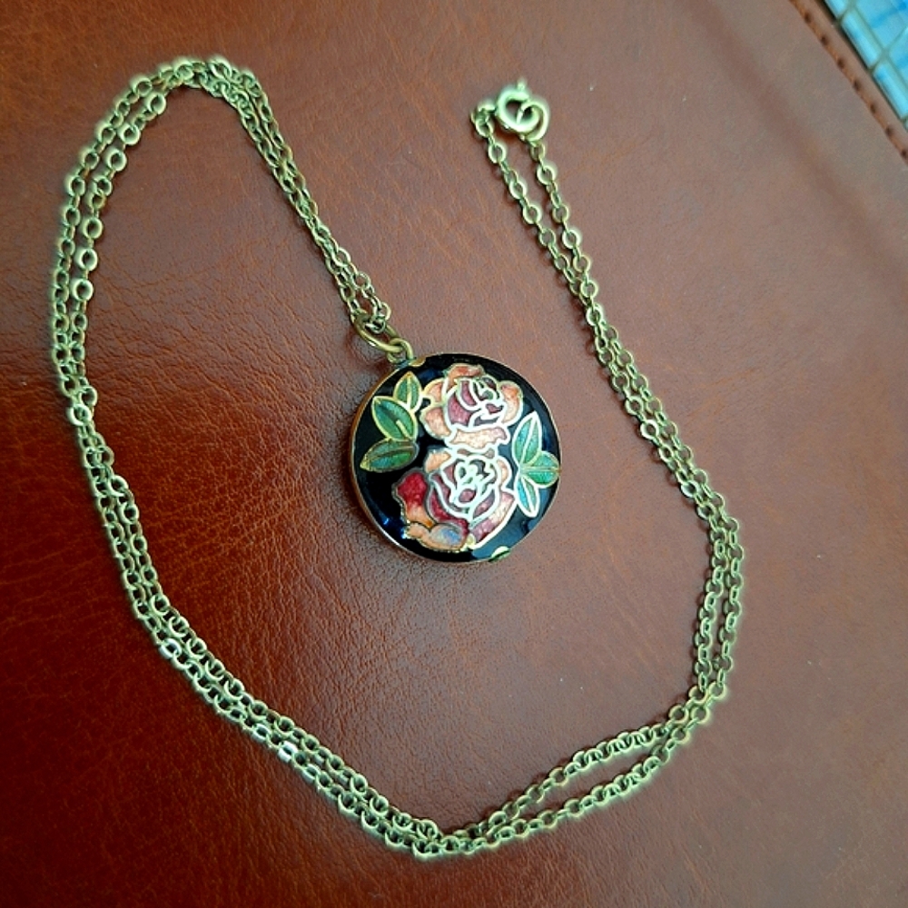 Vintage Cloisonne Floral Pendant Necklace with Gold Chain